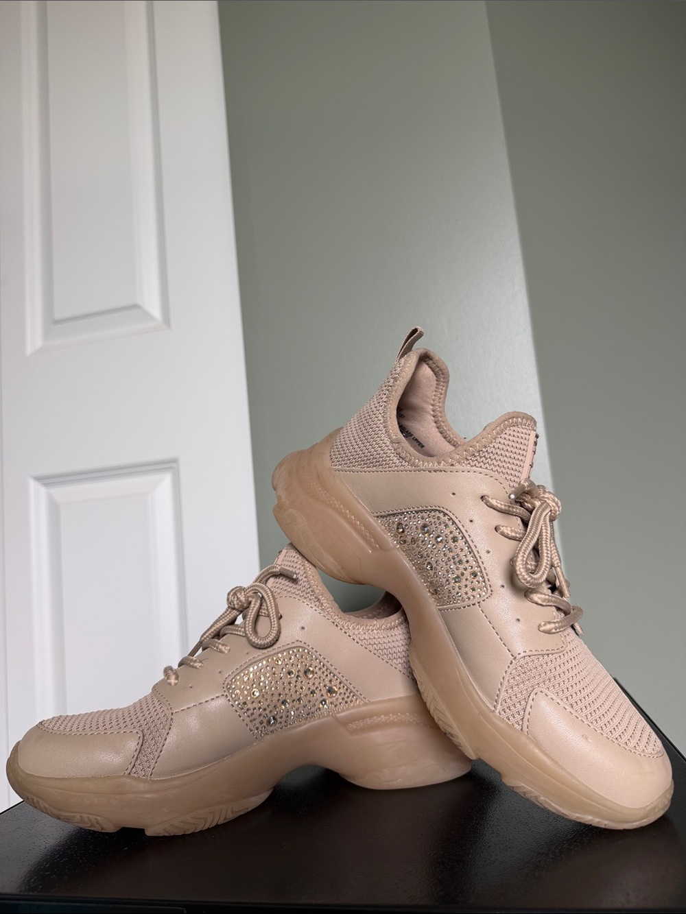 Steve Madden Tan Crystal-Embellished Chunky Sneakers